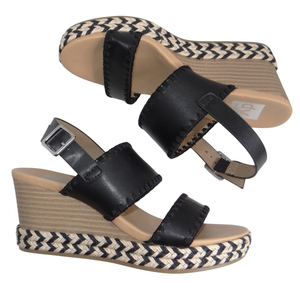 DV Dolce Vita Esmaya Black Crochet Trim Espadrille Wedge Sandals Womens 6M